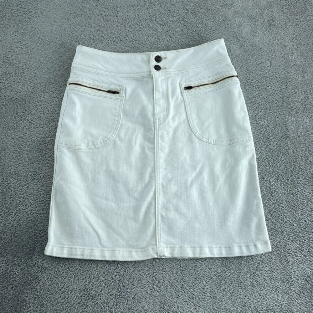 Prana White Denim Skirt With Zipper Pockets & Back Pockets Size 6 4652